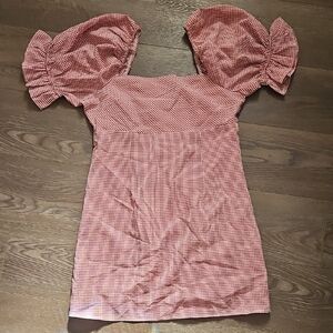 Francesca's Blue Rain Red And White Gingham Checkered Puff Sleeve Mini Dress, M